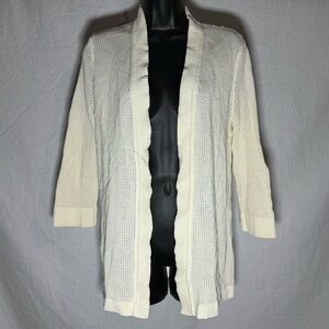 Talbots Womens Ivory Cotton Pointelle Crochet Open Front Cardigan Sweater Size M